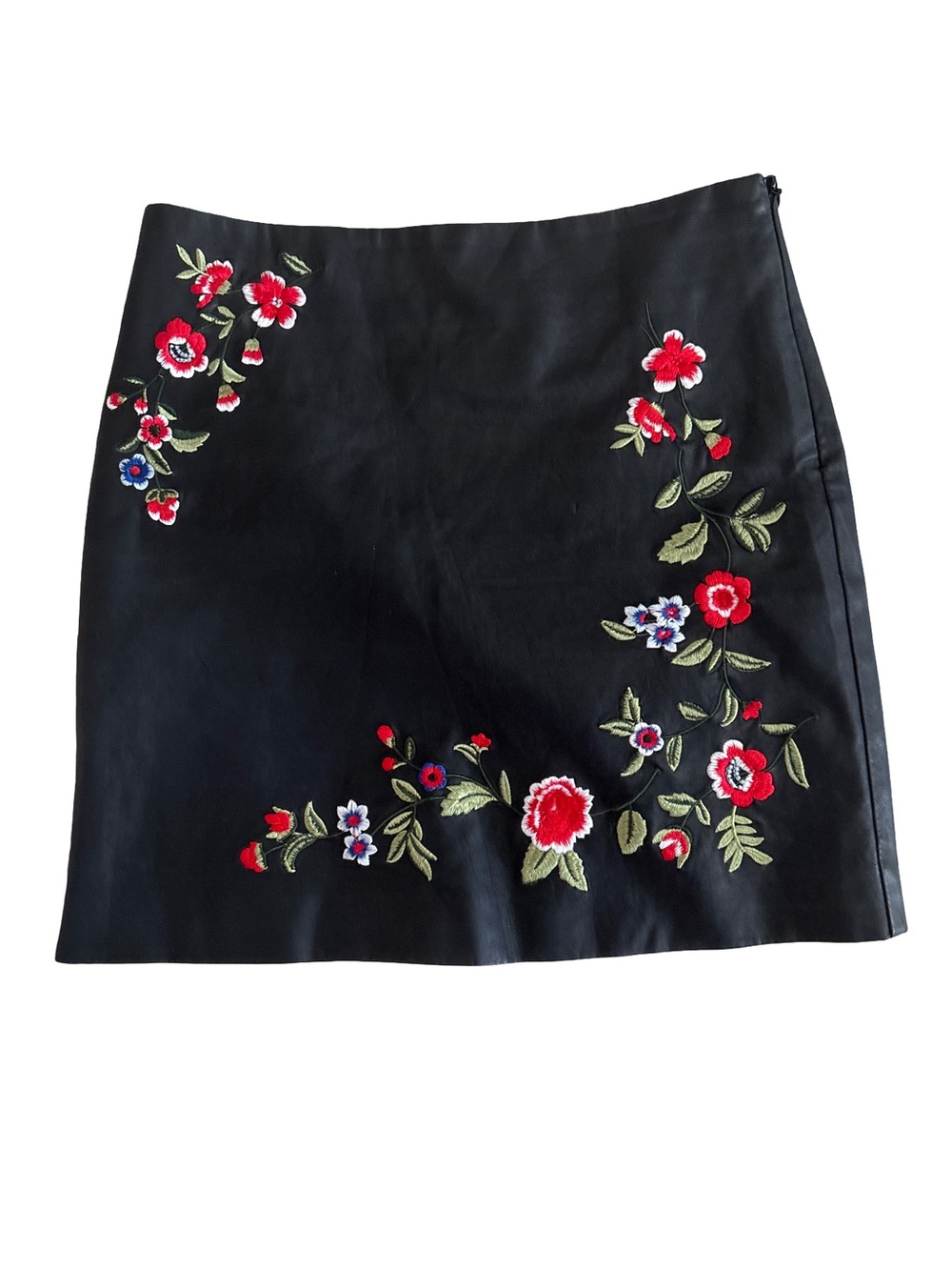 Forever 21 Black Mini Skirt with Red & Green Floral Embroidery